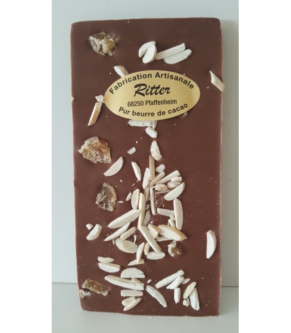 Tablette chocolat lait aux éclats d'amandes et gingembre confit   100gr