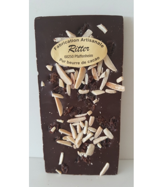 Tablette chocolat noir aux éclats d'amandes et raisins secs   100g