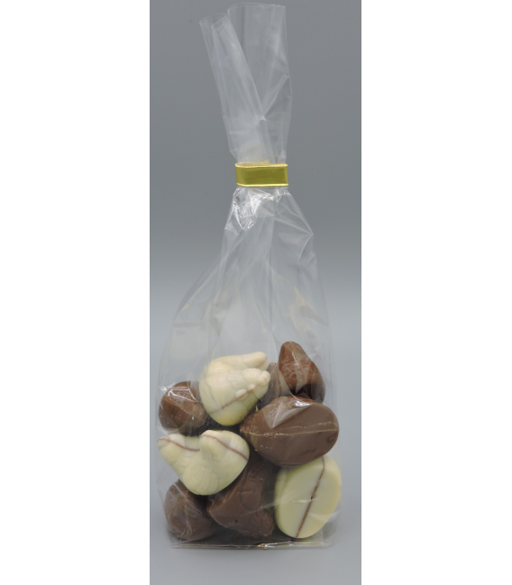 SACHET POULES FOURREES PRALINE 130GRS CHOCOLAT LAIT ET BLANC