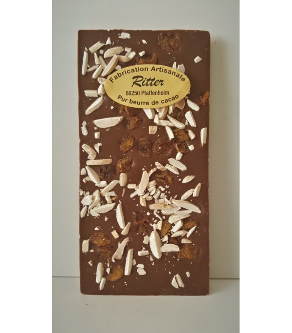 Tablette chocolat lait aux éclats d'amandes et raisins secs  100gr