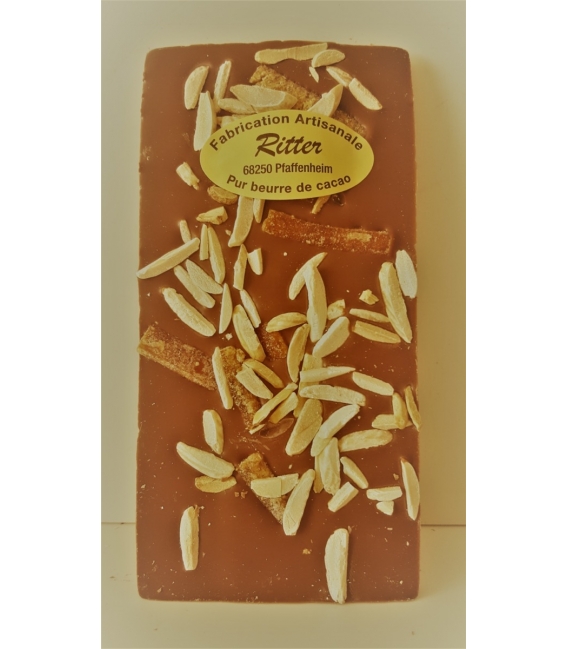 Tablette chocolat lait aux éclats d'amandes et écorces d'orange  100gr